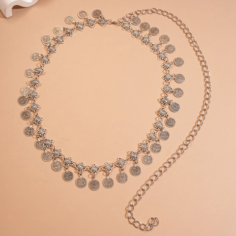 Cadena De Cintura Vintage Bohemia Para Mujer Colgante Moneda Cobre Antiguo Flor Grabada Joyería Corporal Étnica Ajustable