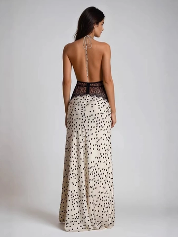 Robe Maxi Licou Élégante Pour Femmes Satin Dos Nu Dentelle Patchwork Sexy Col En V Pois Longues Robes De Soirée