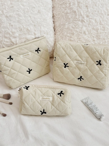 Trousse De Toilette En Coton Matelassé Broderie Noeud Grande Capacité Organisateur De Maquillage Voyage Pour Femmes