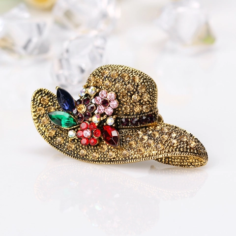 Spilla Vintage in Lega con Strass a Forma di Cappello da Sole per Donna Intarsio di Cristalli Colorati Oro Antico Accessori
