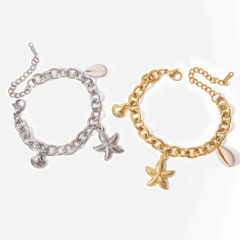 Pulsera De Dijes De Estrella De Mar Y Concha De Acero Inoxidable Chapado En Oro De 18K Tema Océano Joyería Bohemia Para Mujeres