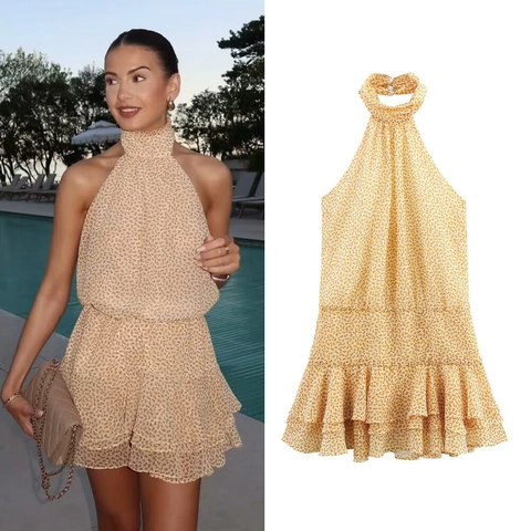 Vestito Mini Floreale Allacciato Al Collo Senza Maniche Schiena Scoperta Volant Orlo A Strati Girasole Estate