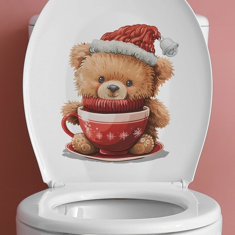 Autocollant De Toilette De Noël Ours En Peluche Tasse Rouge PVC Stickers Muraux Amovible Auto Adhésif Décoration Festive Maison