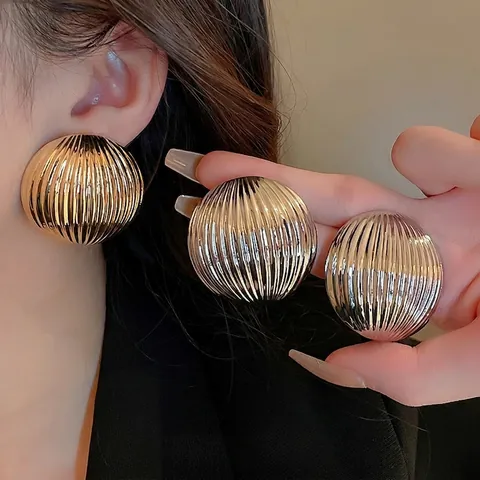 Oversized Spherical Stud Earrings With 925 Sterling Silver Earring Post High Gloss Mirror Striped Geometric Chic Fashion For Women