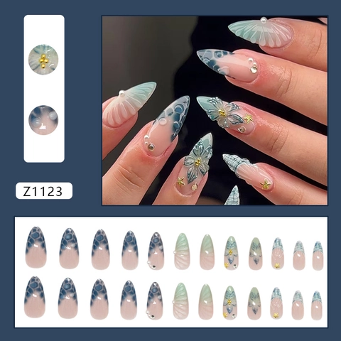 Vintage Blue Gradient Press On Nails With 3D Sea Shell Starfish Artificial Pearl Rhinestone Decor Long Almond ABS Plastic Luxury