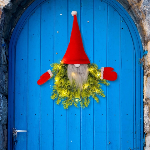 Weihnachts Wichtel Kranz Leuchtend Gesichtsloser Alter Mann Deko Künstliche Kiefer LED Licht Roter Hut Haustür Festlich