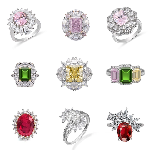 S925 Sterling Silver Ring Inlaid Rhinestone Ice Flower Cut Finger Ring For Women Wedding Engagement Luxury Jewelry Gift