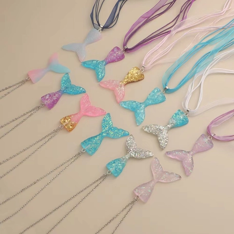 Collier Pendentif Queue De Sirène Résine Dégradée Paillettes Avec Chaîne En Acier Inoxydable Et Ruban De Satin Bijoux Enfants