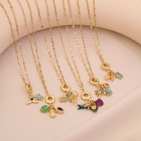 Ocean Theme Pendant Necklace Copper Stainless Steel With Sea Turtle Palm Tree Enamel Zircon Summer Beach Fashion Jewelry