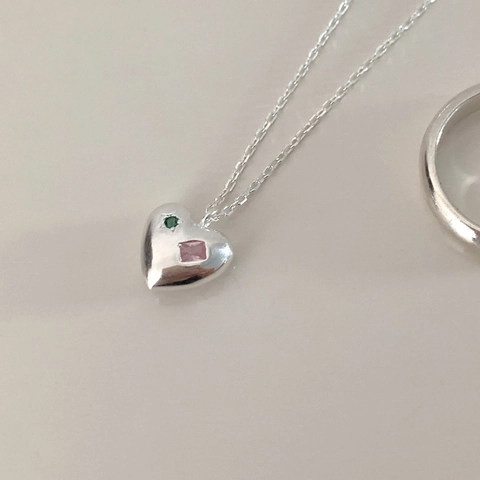 925 Sterling Silver Heart Pendant Necklace Pink Green Zircon Inlaid Korean Minimalist Sweet Romantic Jewelry For Women