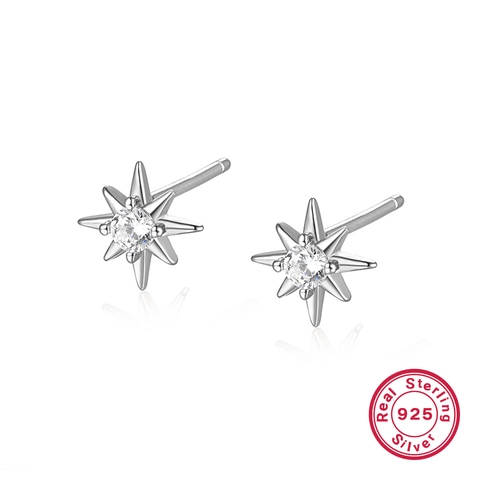 925 Sterling Silber Oktagramm Ohrstecker Zirkon Eingelegt Minimalistisch Nordstern Sonnenstrahl Mode Für Frauen