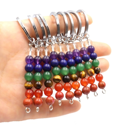 Natürlicher Kristall Sieben Chakra Perlen Metall Schlüsselanhänger Heilstein Schlüsselring Für Taschen Handmade Bohemian Accessoire