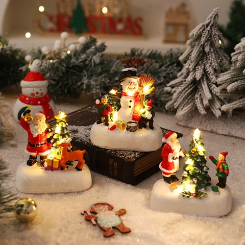 Christmas Miniature Landscape Ornaments Resin LED Glowing Santa Snowman Deer Desktop Decoration Festive Gift