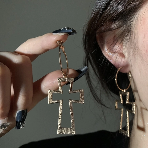 Orecchini A Cerchio Con Pendente A Croce Cava Martellata Vintage Con Silver Earring Post Gioielli Di Moda Per Donna