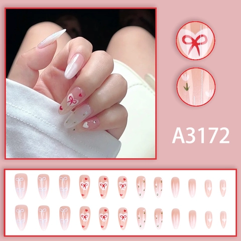 Uñas Press On Francesas Lazo Corazón Floral Forma Almendra Larga Degradado Rosa Blanco Moda Linda Para Mujeres Niñas