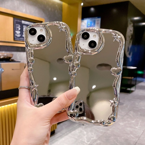 Funda de Espejo Galvanizada Plateada Irregular para iPhone 16 15 14 13 Pro Max Corazón 3D Estrella Silicona Antigolpes