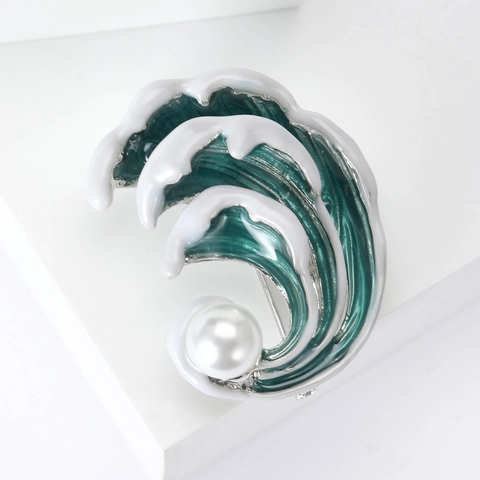 Ozeanwelle Brosche Legierung Emaille Künstliche Perle Nadel Vintage Elegant Küstenstil Mode Schmuck Geschenk Für Frauen