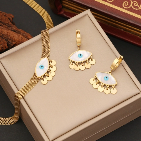 Collana Bracciale Orecchini In Acciaio Inossidabile Malocchio Placcato Oro Nappa A Disco Rotondo Gioielli Regali Donne