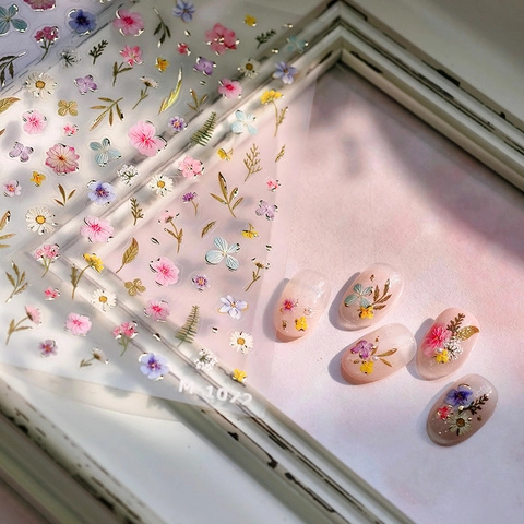 Adesivi Per Unghie Rilievo 3D Fiori Bordo Dorato Decorazione Manicure Floreale Autoadesivi Fai Da Te