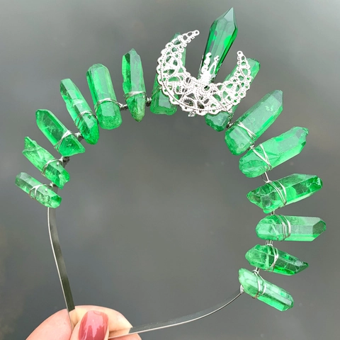 Handmade Natural Crystal Quartz Raw Stone Crown Headband Hollow Moon Boho Witchy Tiara Wedding Party Hair Accessories