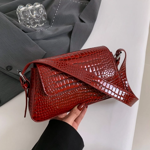 Borsa Sottoascellare Da Donna Motivo Coccodrillo Pelle PU Patta Borsa A Spalla Alla Moda Street Style Versatile Tinta Unita Lucida