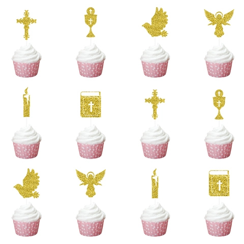 Gold Glitzer Erstkommunion Kuchendekoration Cupcake Picks Religiöses Thema Kreuz Engel Taube Kelch Bibel Torte Deko Partyzubehör