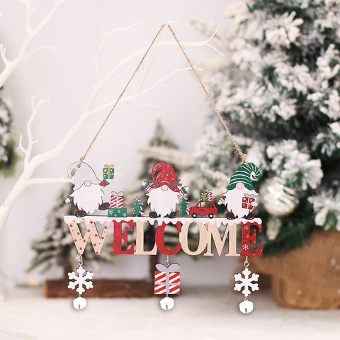 Kerst Houten Hangende Decoratie Welkomstbord Met Bellen Sneeuwvlokken Voor Boom Cartoon Kabouters Kerstman Rendier