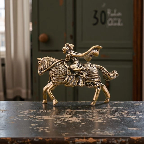 Statuetta Guerriero Cinese A Cavallo Scultura In Ottone Statua Generale In Metallo Vintage Decorazione Scrivania