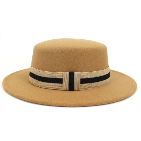 Cappello Canotier Vintage Per Donna Stile Britannico Retro Tetto Piatto Feltro Di Lana Tesa Larga Con Nastro Rigato