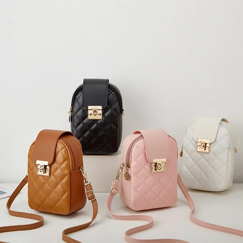 Women Quilted Rhombic PU Leather Mobile Phone Bag Crossbody Mini Shoulder Purse Metal Turn Lock Adjustable Strap Versatile