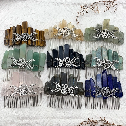 Naturkristall Haarkamm Rohe Stein Splitter Triple Moon Göttin Handgemachte Draht Gewickelt Böhmische Hochzeit Haarschmuck