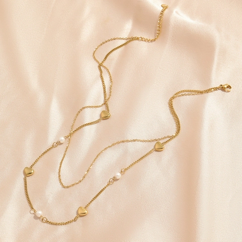 Elegante Collar de Doble Capa de Acero Inoxidable Dorado Con Colgante de Corazón y Perla Artificial Joyas para Mujer