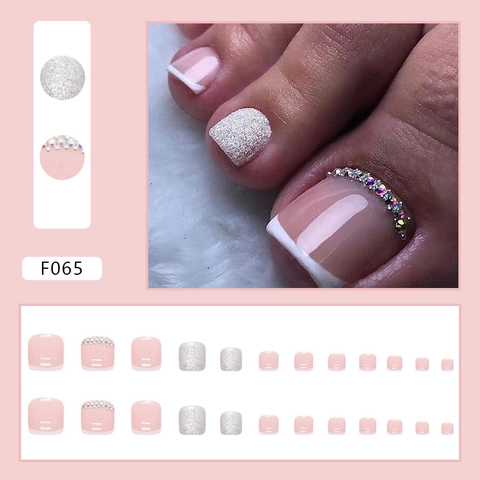 Faux Ongles De Pied À Presser Style Français Rose Blanc Avec Strass Paillettes Argentées Brillant Été Couverture Complète