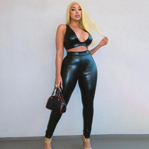 Women PU Leather Deep V Neck Crop Top And High Waisted Tight Pants Sexy Clubwear Solid Color