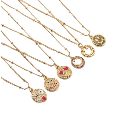 Collana Con Ciondolo Emoji Rame Placcato Oro Zircone Smalto Viso Sorridente Gioielli Moda Donna Catena A Sfere