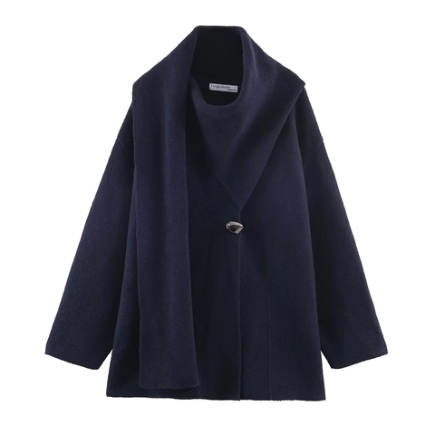 Women Knit Cardigan Coat Scarf Collar Single Button Long Sleeve Loose Solid Outerwear Sweater Knitwear
