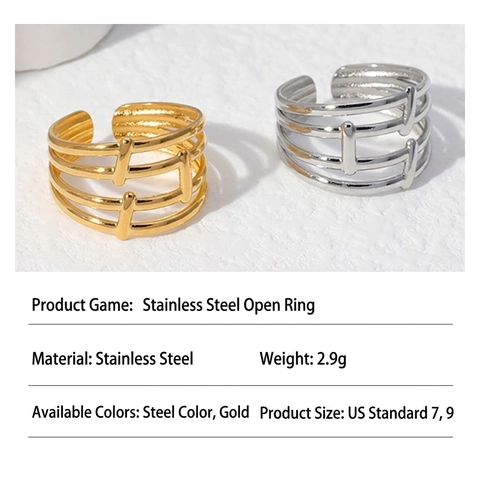 Anillo Abierto Geométrico De Capas De Acero Inoxidable Joyería Minimalista Ajustable Hueca Para Mujeres
