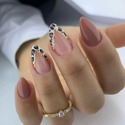 Almond Press On Nails Brown Red Solid Color Leopard Print French Style With Gold Glitter V Line Detachable Fake Nails