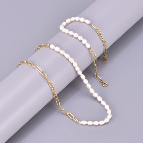 Zoetwaterparel Gesplitste Ketting En Armband Geometrische Vierkante Hanger Verguld Titaniumstaal Schakelketting Sieraden
