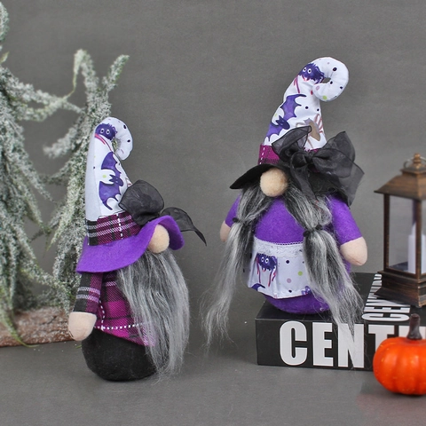 Halloween Gnome Poupées Sans Visage Peluche Violette Motif Chauve-Souris Araignée Chapeau Pointu Pour Décoration De Table