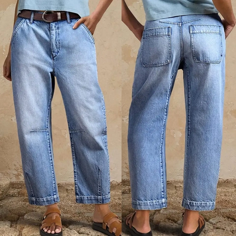 Dames High Waisted Straight Wide Leg Jeans Gewassen Katoen Polyester Denim Cropped Zijsplit Street Casual