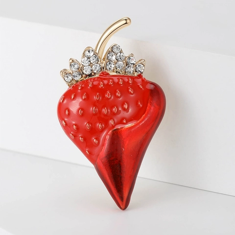 Broche Fraise en Émail Rouge Style Coréen pour Femmes Alliage Strass Fruit Épingle Douce Mignonne Épingle de Revers Accessoires Bijoux de Mode