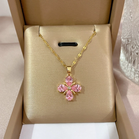 Klavertje Hanger Ketting Titanium Staal Verguld Koper Met Roze Zirkoon Bloem Prachtige Sieraden Voor Dames