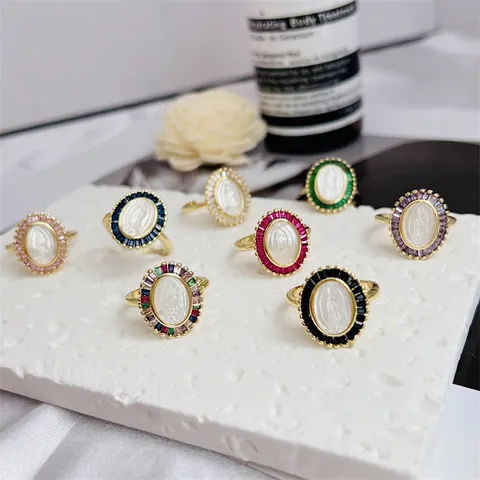 Retro Copper 18K Gold Plated Religious Virgin Mary Adjustable Open Ring Multi Color Zirconia Shell Inlaid Jewelry For Women