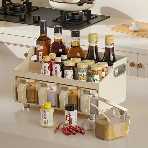Portaspezie Da Cucina Scatola Per Condimenti Organizer Doppio Strato Multifunzionale Portaoggetti Da Appoggio Stile Crema Plastica