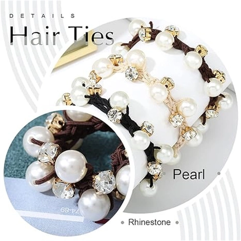 Elegant Faux Artificial Pearl Rhinestone Hair Ties High Elastic Ponytail Holder Beaded Hair Rope For Women Girls Daily Office