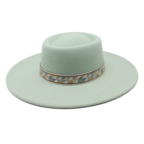 Vintage Wollfilz Fedora Hut Mit Eingedrückter Krone Breiter Krempe Geometrischem Band Bohemian Stil Für Damen Herren
