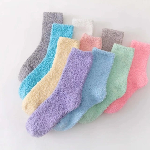 Women Coral Fleece Floor Socks Solid Color Thickened Warm Winter Sleep Socks Non-Shedding Plush Home Mid-Calf Socks