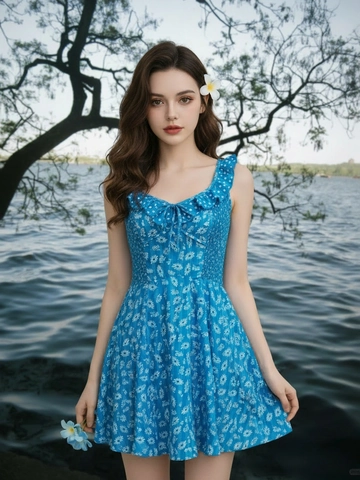 Women Floral Sleeveless Mini Dress Ruffle Smocked Tie Back Irregular Hem Summer Beach Sexy Party Polyester