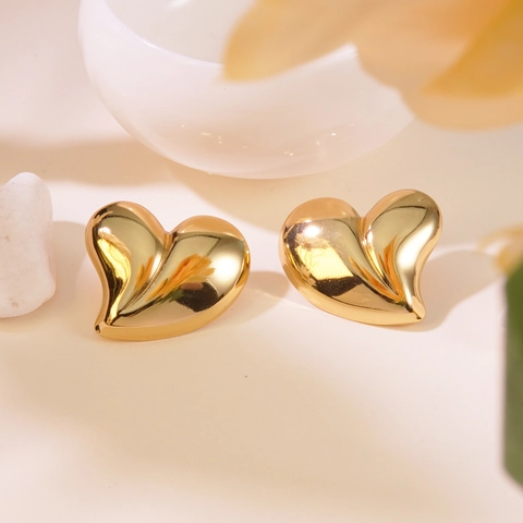 Stainless Steel Heart Stud Earrings Gold Plated Textured Waterproof Non Fading Trendy Chic Jewelry For Women